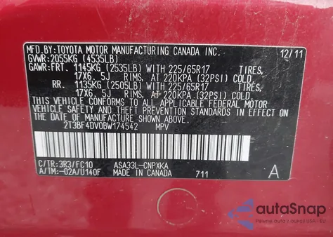 2011 Toyota Rav4 from USA, damaged, VIN 2T3BF4DV0BW174542